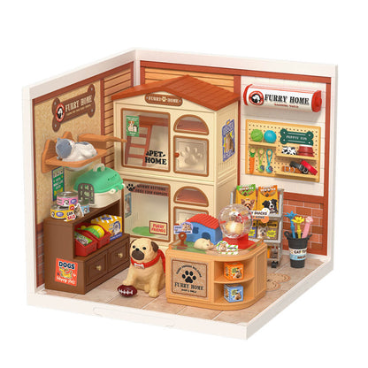 Wooden-Town - Furry Friends’ Home Miniature Dollhouse Kit with LED Light