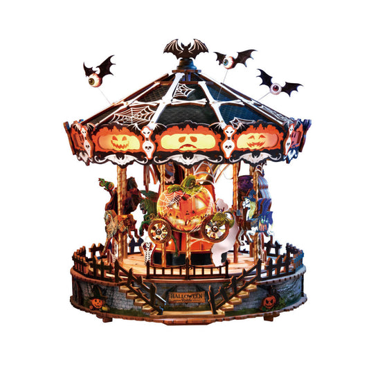 Wooden-Town Phantom Waltz Halloween Carousel DIY Music Box with LED Light – 402 Pieces