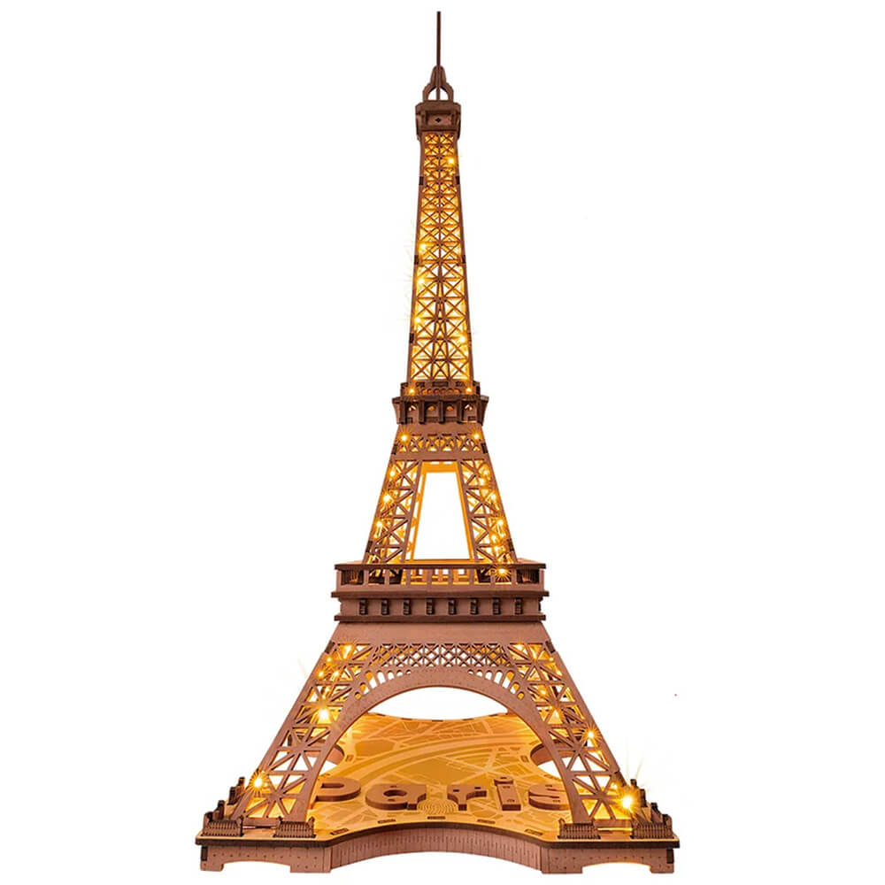 Night of the Eiffel Tower — Rusty Brown Wooden Model Kit, LED Light – 3D wooden model kit