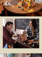 A collage showing a small multicolored toy building set on a wooden table, with a top view of the assembled structure and a lower lifestyle scene of two people sitting at the table looking at it in a classroom-like setting.