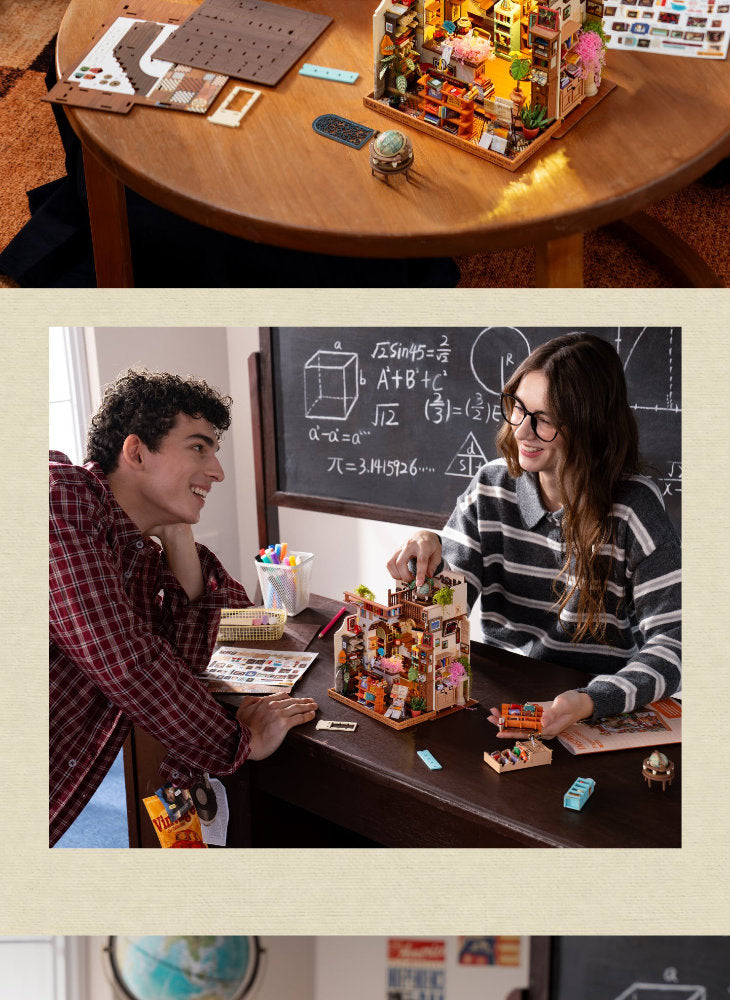 A collage showing a small multicolored toy building set on a wooden table, with a top view of the assembled structure and a lower lifestyle scene of two people sitting at the table looking at it in a classroom-like setting.