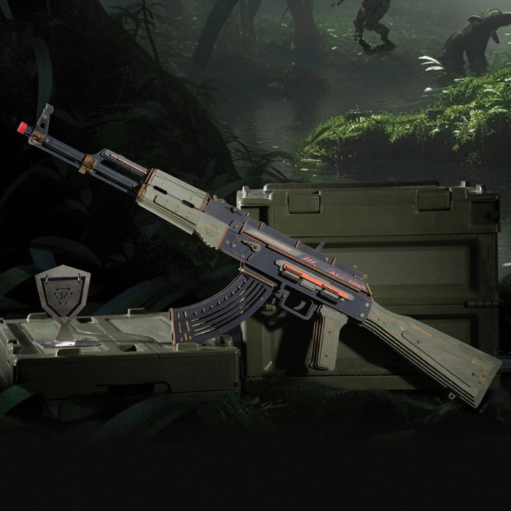 Assault rifle with magazine on a military vehicle in a forest setting