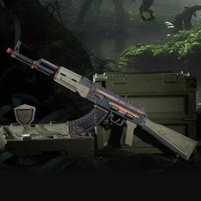 Assault rifle with magazine on a military vehicle in a forest setting