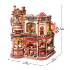 Detailed model of a coffee factory with dimensions indicated on a white background
