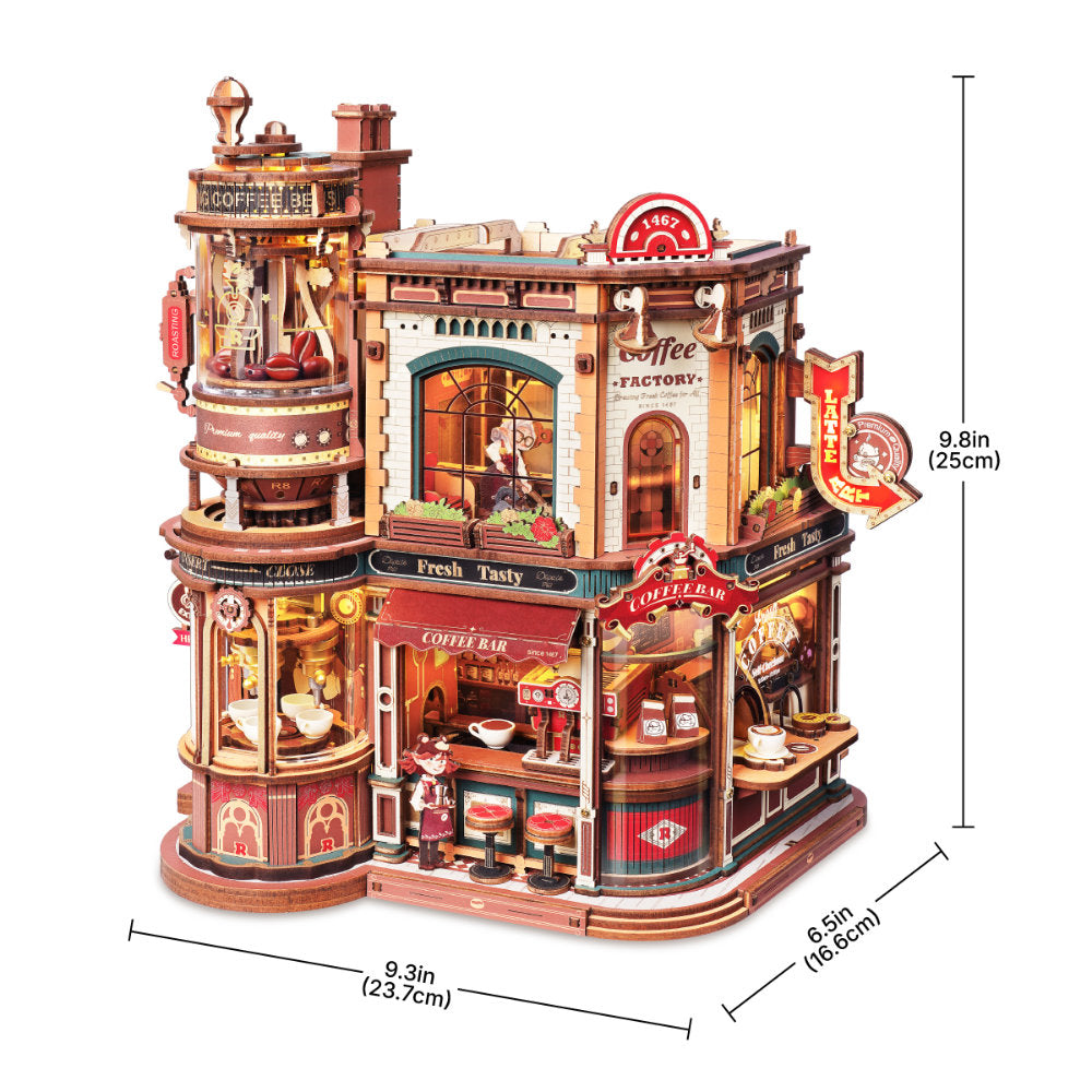 Detailed model of a coffee factory with dimensions indicated on a white background