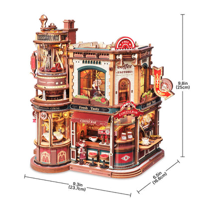 Detailed model of a coffee factory with dimensions indicated on a white background