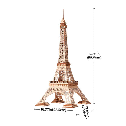 Model of the Eiffel Tower with dimensions indicated on a white background