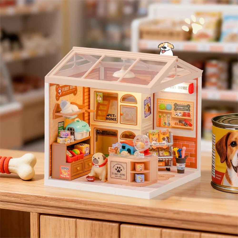 Wooden-Town - Furry Friends’ Home Miniature Dollhouse Kit with LED Light