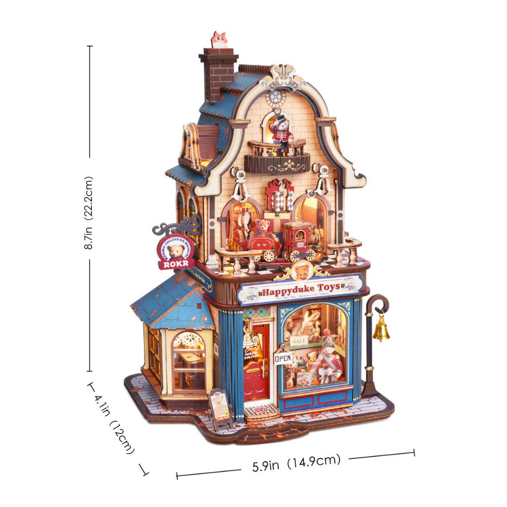 A 3D wooden puzzle building of a toy shop, shown with dimension lines indicating its height of 8.7 inches (22.