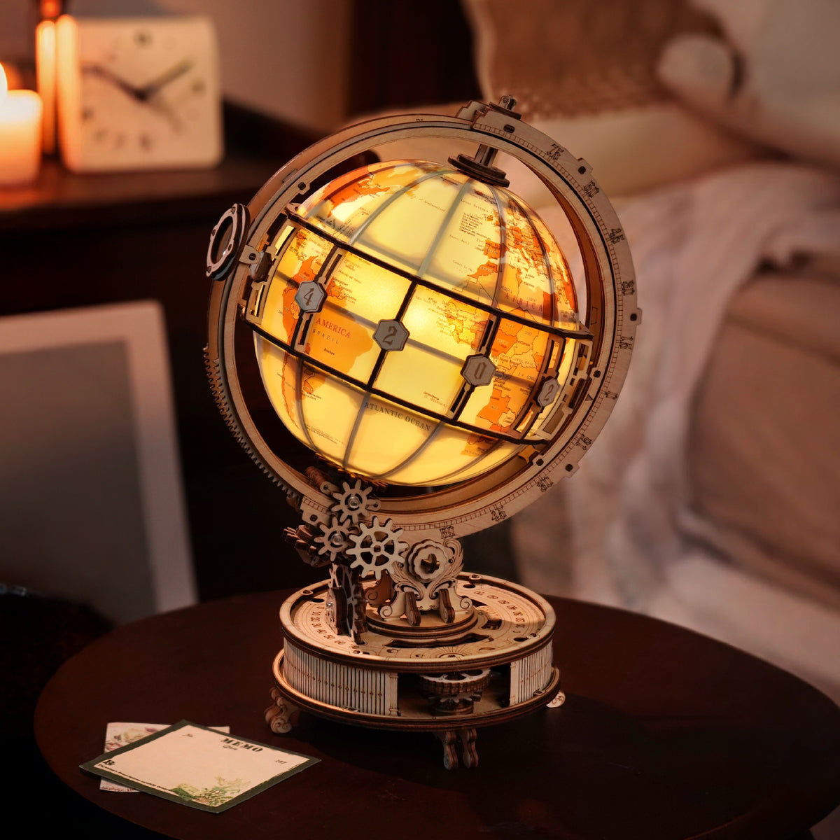 Decorative globe with glowing interior on a table
