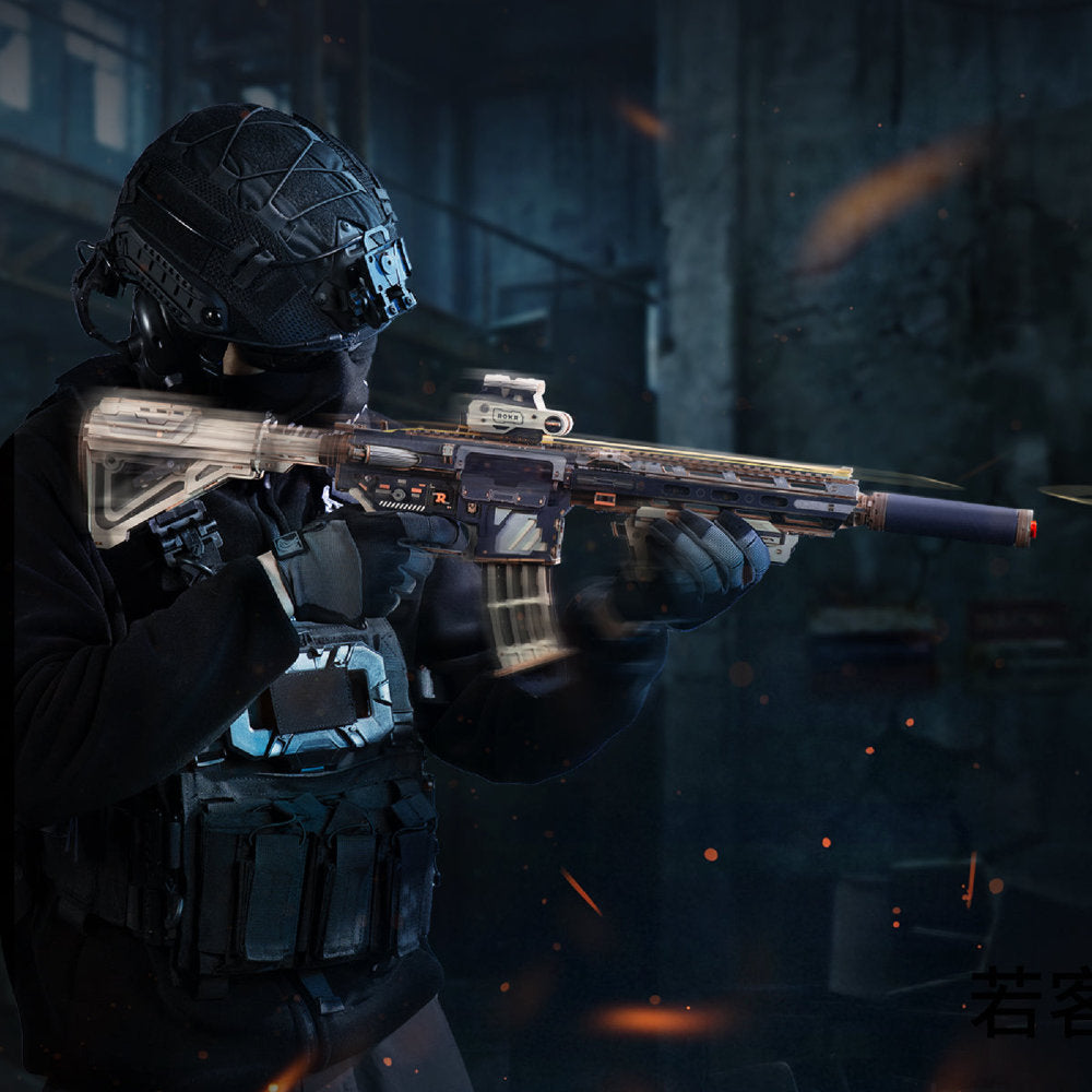 A tactical soldier in black gear aims a modern rifle with a transparent stock and a mounted optic in a dark, smoky urban environment.