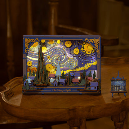 Artistic depiction of 'The Starry Night' on a wooden surface with a warm glow.
