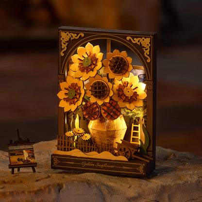 Decorative lamp with sunflower design on a dark background