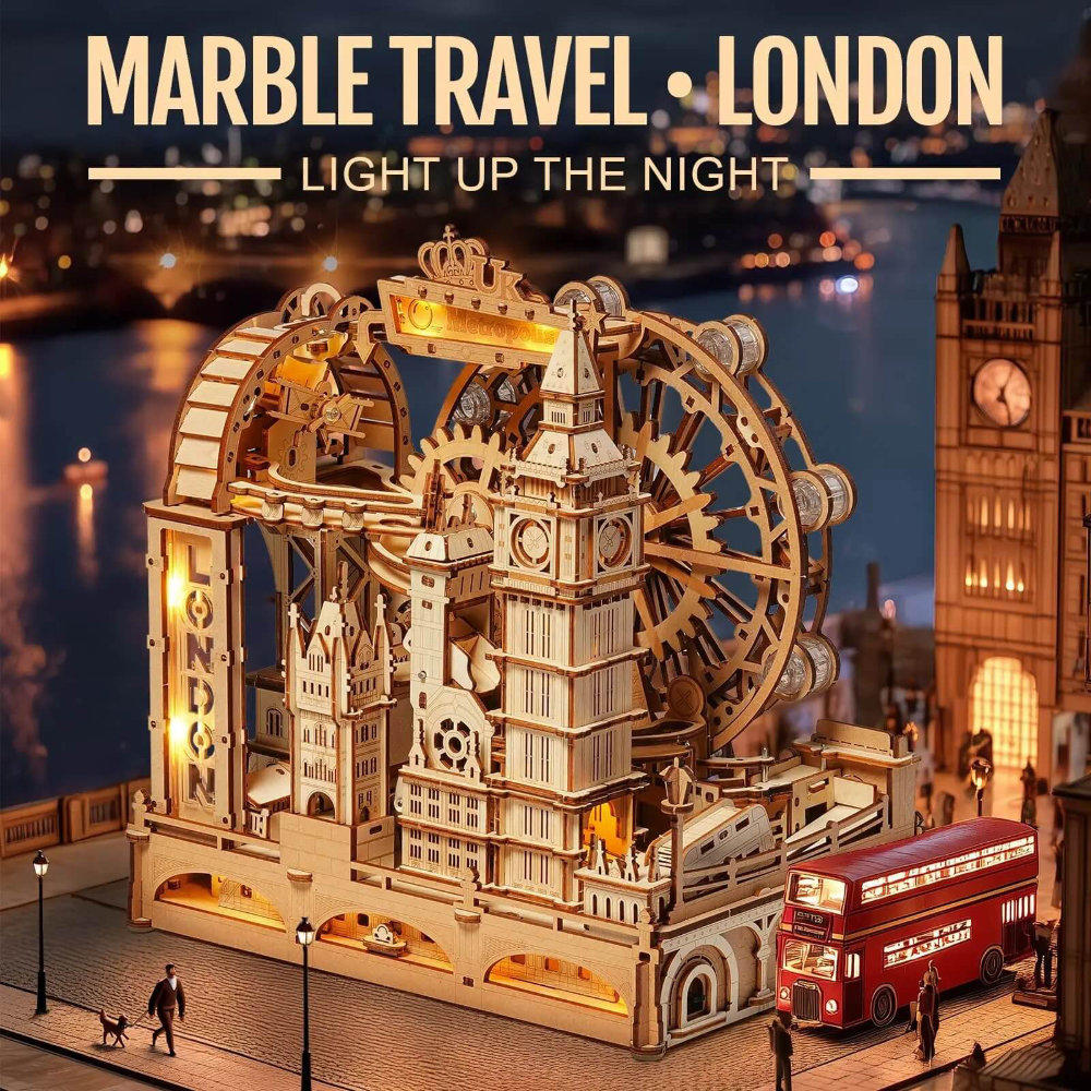 Marble travel model of London with Big Ben and a red bus, set against a cityscape background.
