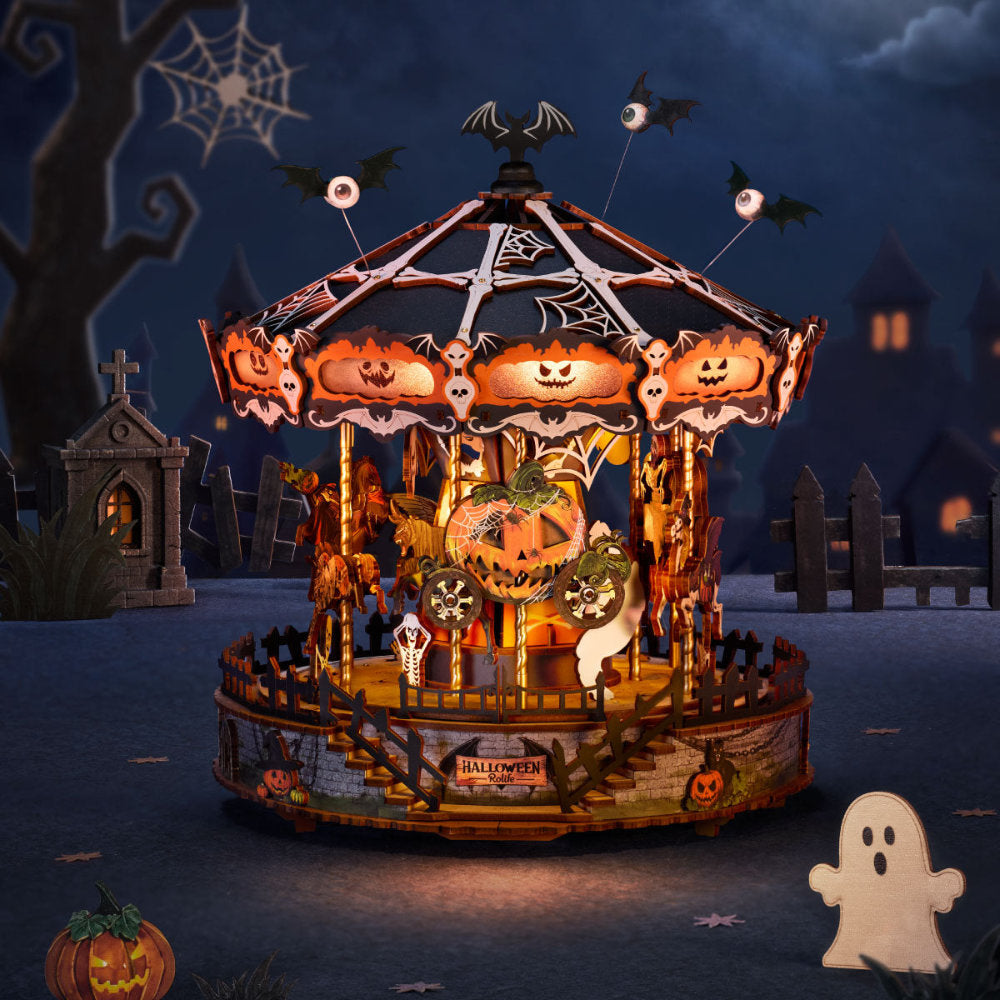 Wooden-Town Phantom Waltz Halloween Carousel DIY Music Box with LED Light – 402 Pieces