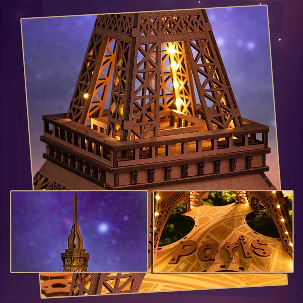 Night of the Eiffel Tower — Rusty Brown Wooden Model Kit, LED