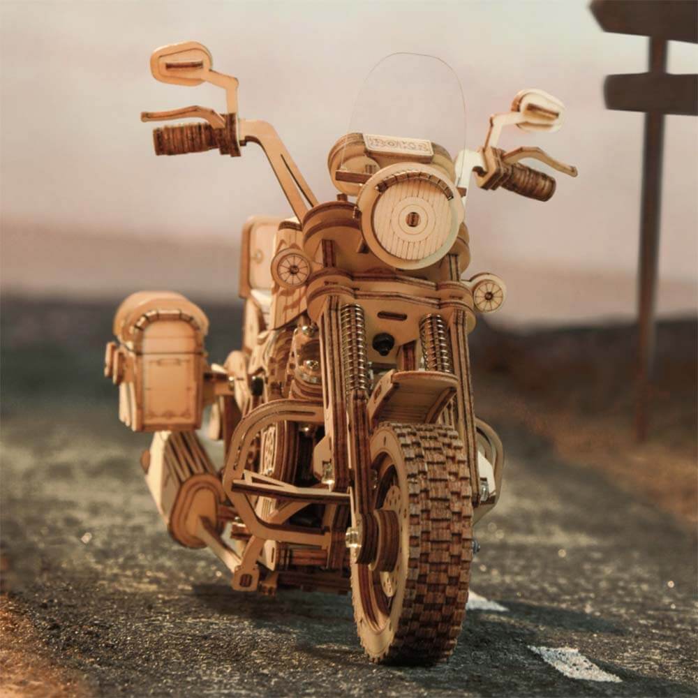 Cruiser Motorcycle Wooden Model Kit — Natural Wood, Wind-Up Engine – view 3