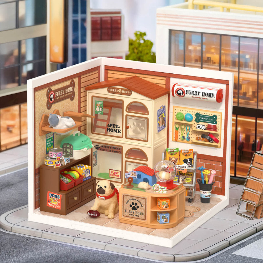 Wooden-Town - Furry Friends’ Home Miniature Dollhouse Kit with LED Light