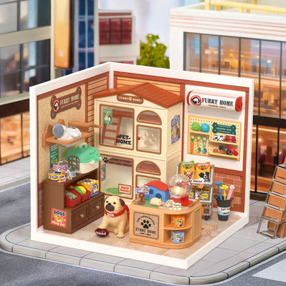 Wooden-Town - Furry Friends’ Home Miniature Dollhouse Kit with LED Light