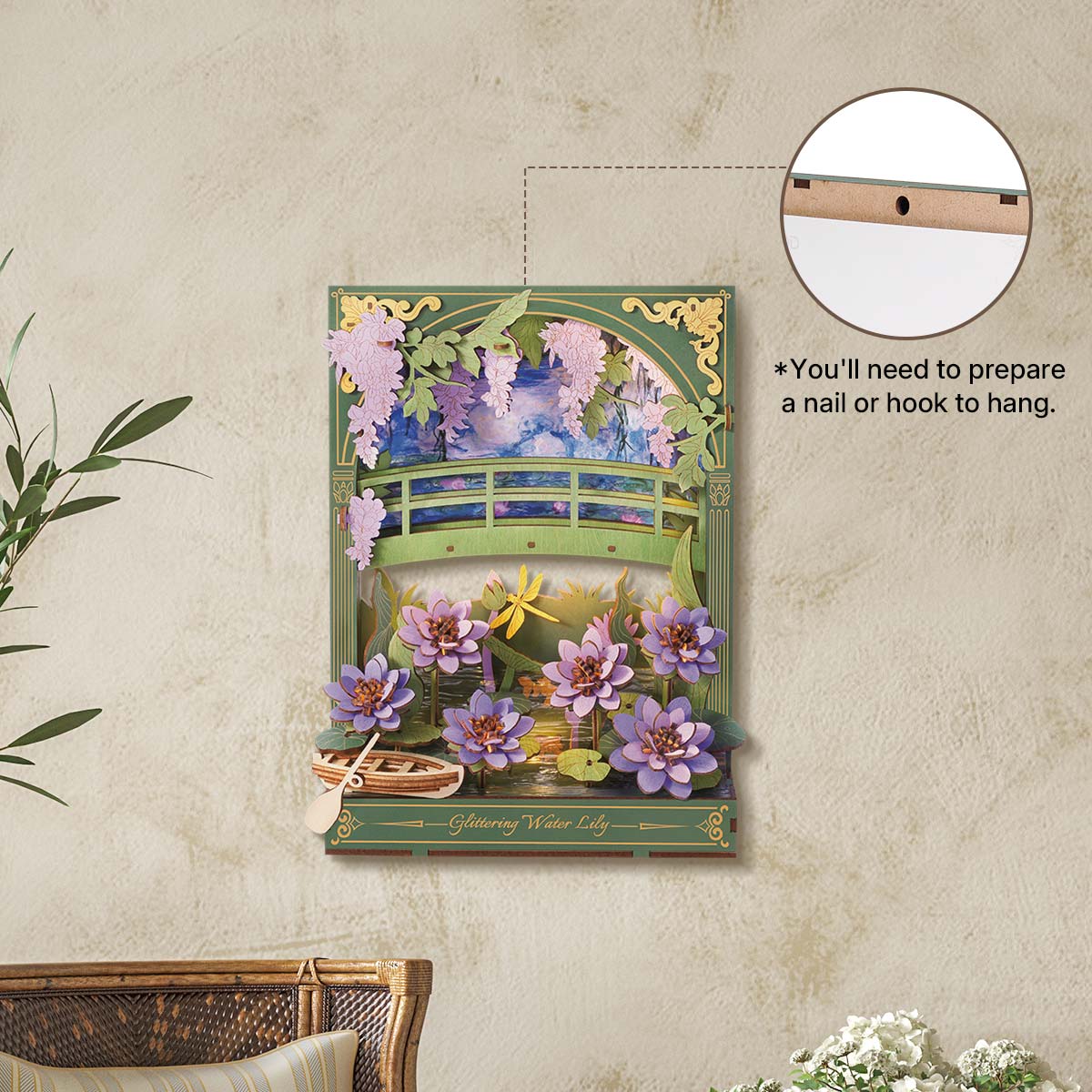 Decorative wall art with floral design and wooden bridge on a beige wall.