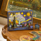3D art model of 'The Starry Night' by Van Gogh on a wooden surface with a painting in the background.
