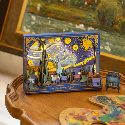 3D art model of 'The Starry Night' by Van Gogh on a wooden surface with a painting in the background.