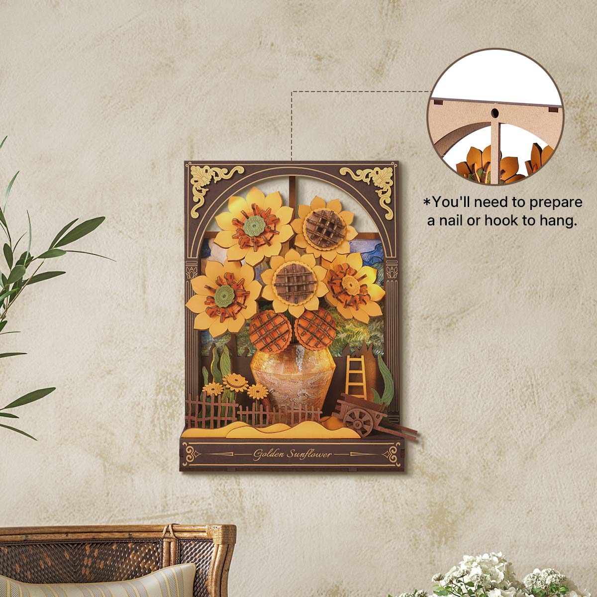 Decorative wall art with sunflowers on a beige wall.