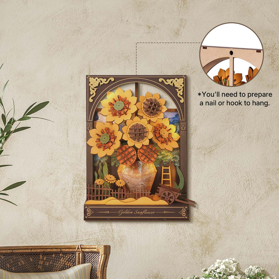 Decorative wall art with sunflowers on a beige wall.