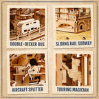 Four different wooden model kits with labels on a beige background