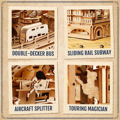 Four different wooden model kits with labels on a beige background