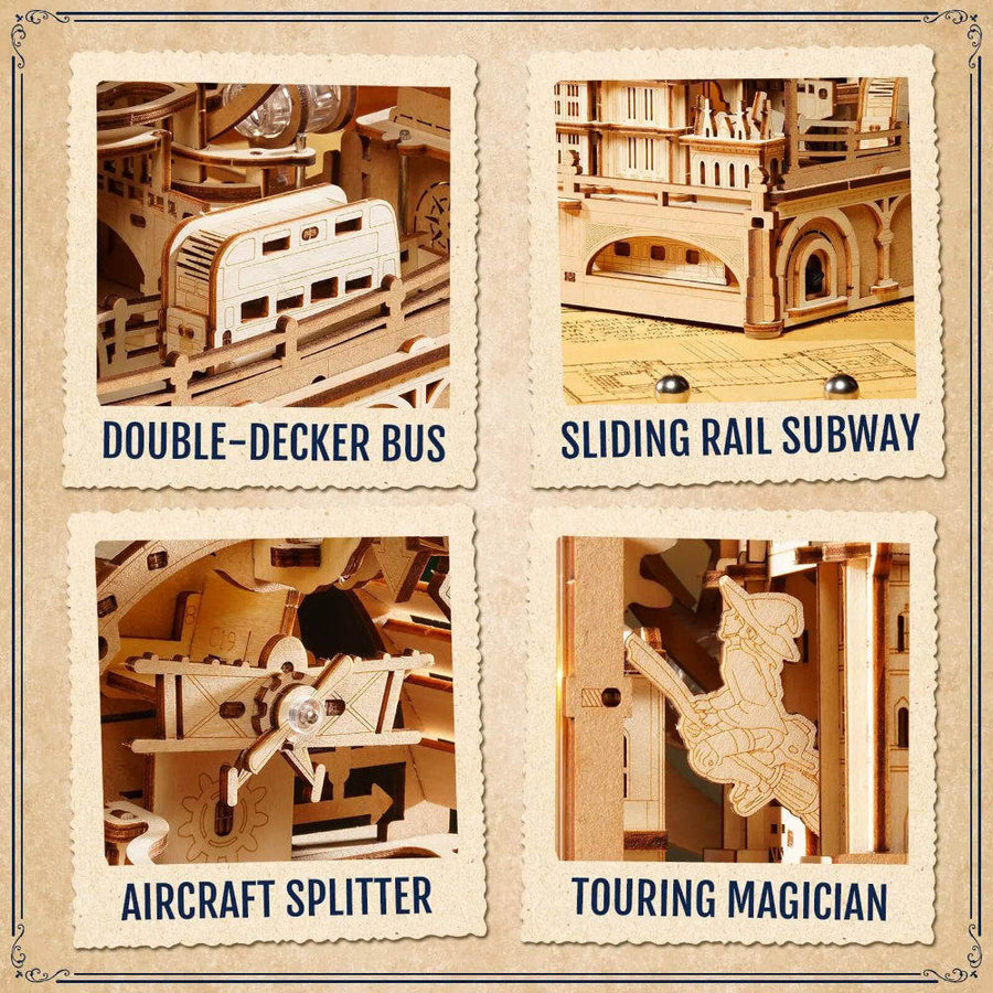 Four different wooden model kits with labels on a beige background