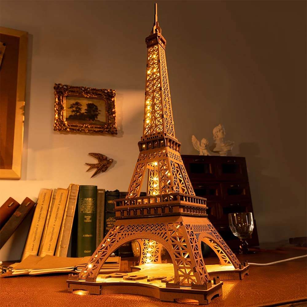 Night of the Eiffel Tower — Rusty Brown Wooden Model Kit, LED