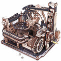 A complex wooden marble run called Spaceport, featuring multiple levels and mechanical components.