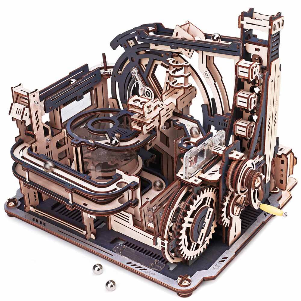 A complex wooden marble run called Spaceport, featuring multiple levels and mechanical components.