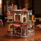 Detailed model of a coffee factory on a wooden surface with a blurred background
