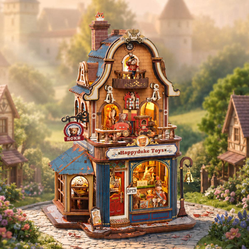 A highly detailed, miniature toy model of a whimsical toy shop with the sign 'Happydake Toys' and 'BOKR', displayed in a beautifully rendered, misty village setting.