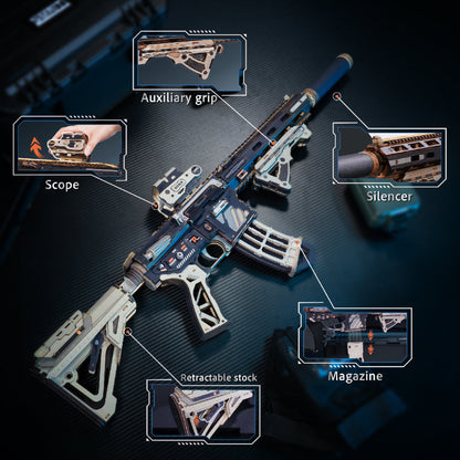 Diagram of a rifle with labeled parts on a dark background