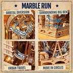 Wooden marble run toy set with labeled sections on a beige background