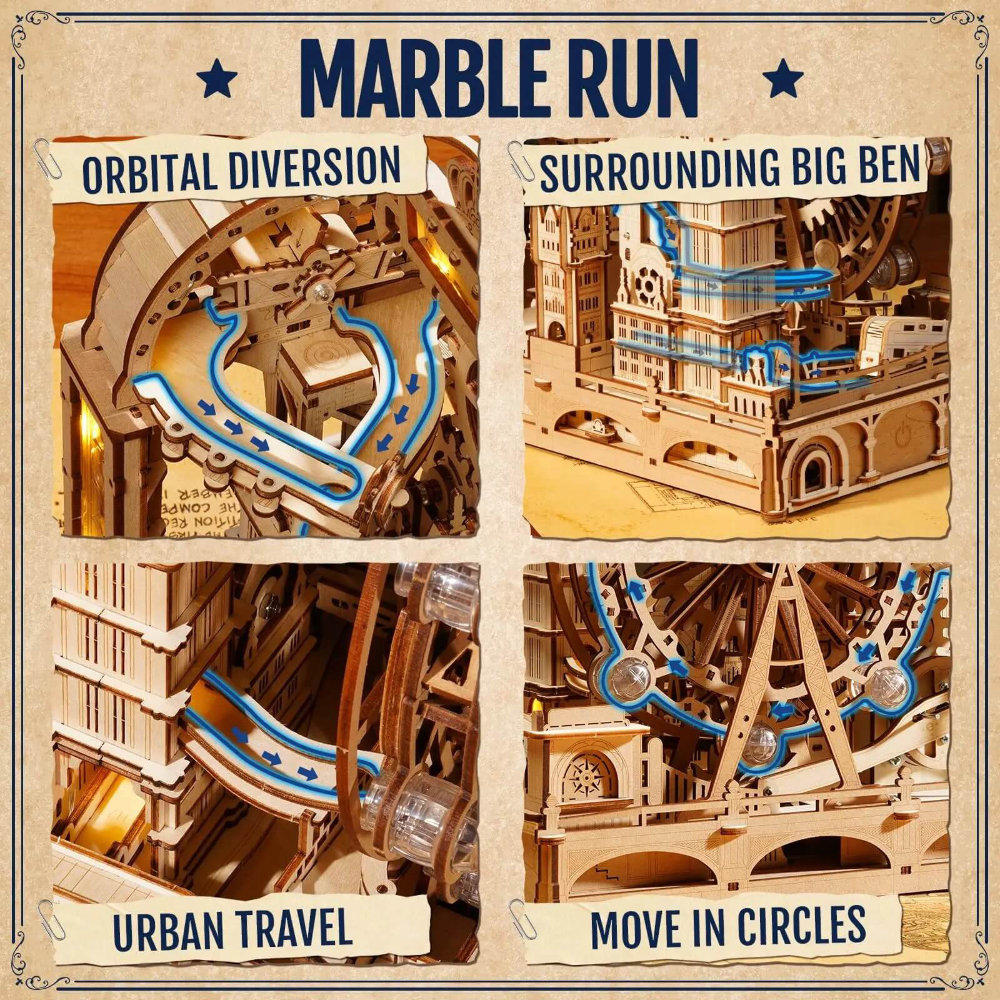 Wooden marble run toy set with labeled sections on a beige background