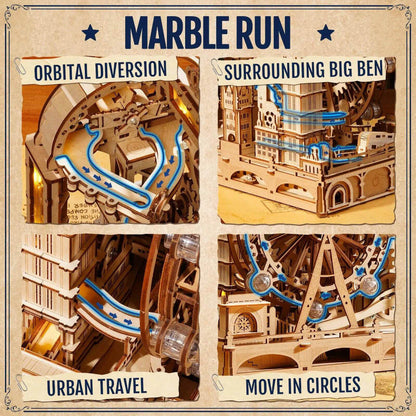 Wooden marble run toy set with labeled sections on a beige background