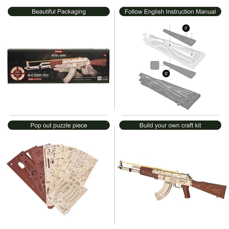 Birch Wood AK‑Style Rubber Band Gun Kit (Natural/Brown) – view 3