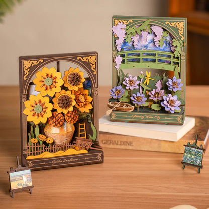 Two decorative 3D floral scenes on a wooden surface with a blurred background