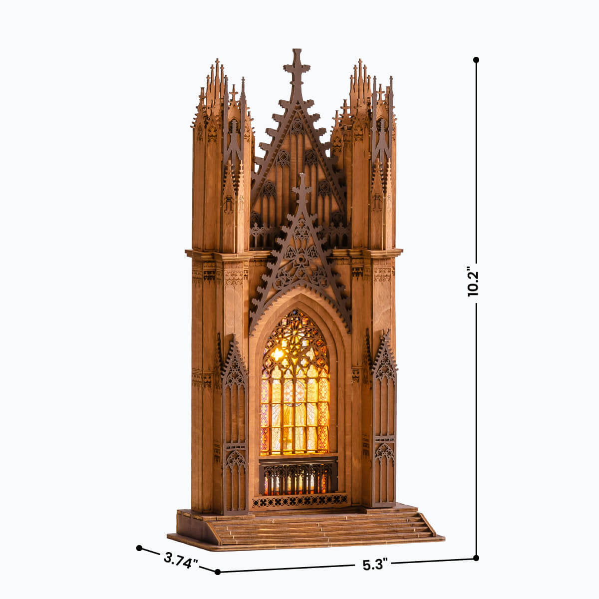 Gothic-style wooden model with stained glass window and dimensions on a white background