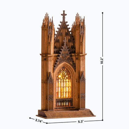Gothic-style wooden model with stained glass window and dimensions on a white background