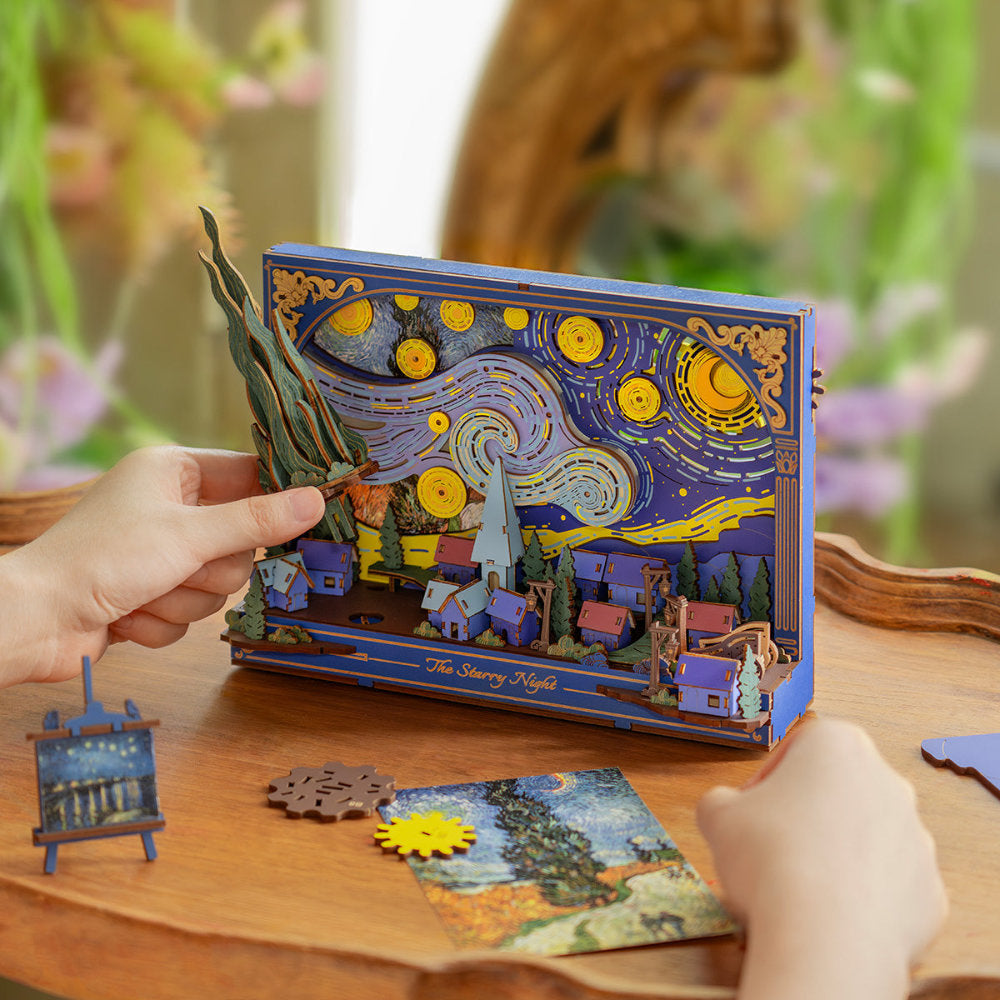 3D puzzle resembling 'Starry Night' by Van Gogh on a wooden table with a blurred floral background.