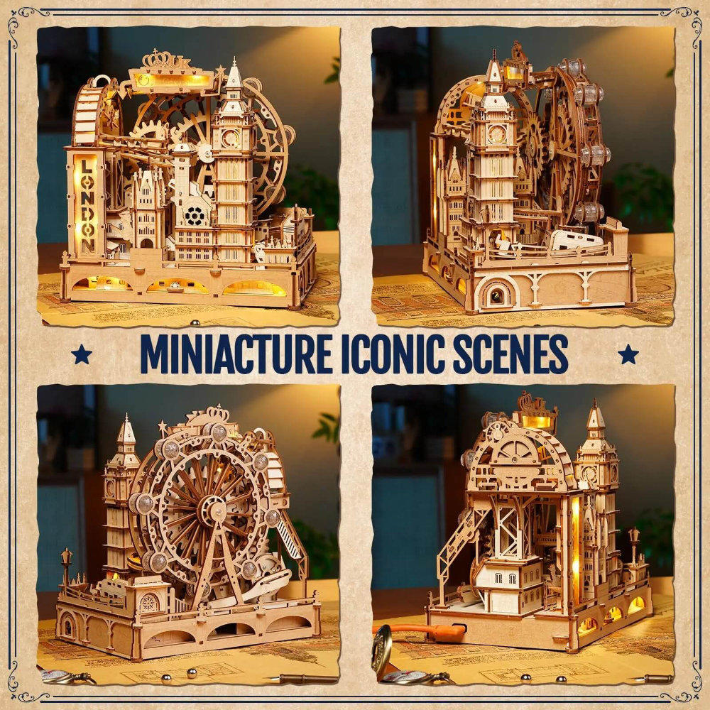 Wooden model kits of iconic scenes with moving parts on a wooden base.