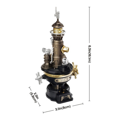Steampunk-style mechanical model with dimensions indicated on a white background