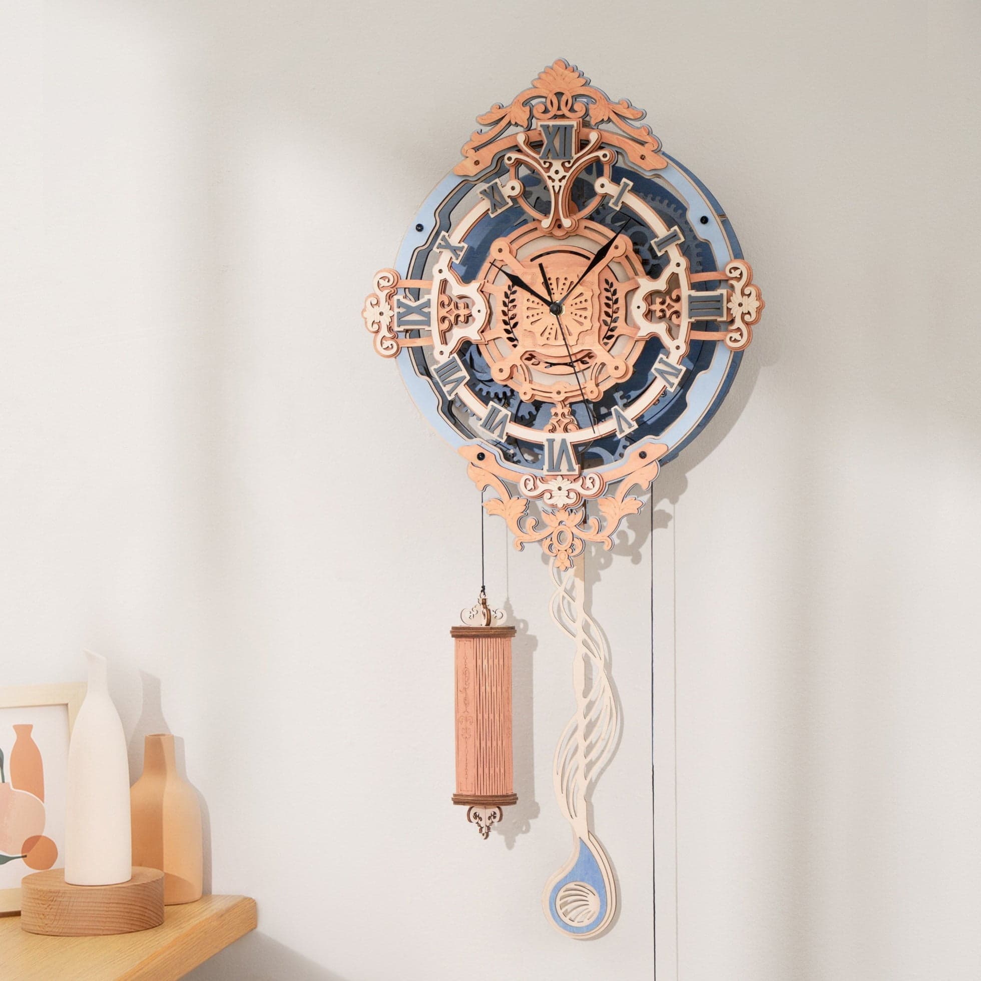 Romantic Notes Ornate Plywood Wall Clock — Natural Wood & Dark