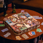 A complex 3D wooden model board game resembling a city or transit system, displayed on a round wooden table with various colorful game cards and miniature structures around it.