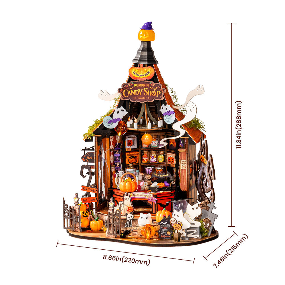 A 3D wooden puzzle model of a Halloween candy shop, shown with dimension lines indicating its height of 11.34 inches (288 mm), width of 8.